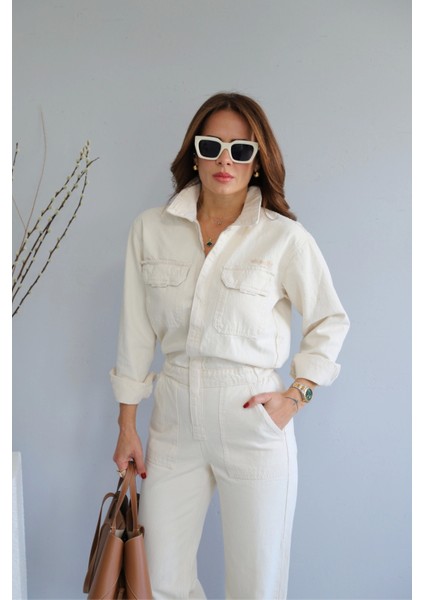 Ekru Paça Detay Beli Lastikli Gabardin Tulum