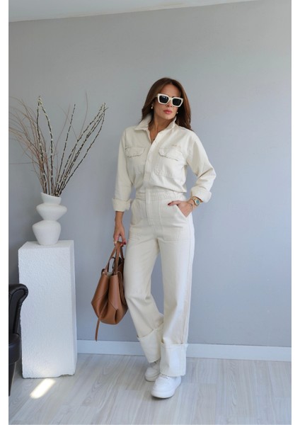 Ekru Paça Detay Beli Lastikli Gabardin Tulum
