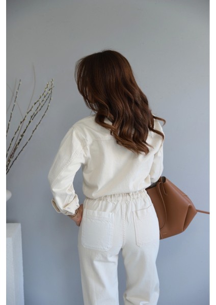 Ekru Paça Detay Beli Lastikli Gabardin Tulum