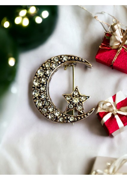 Füme Gri Elmas Montür Ay Yıldız Broş