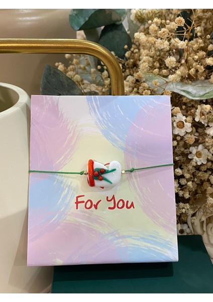 Beyaz Noel Çorabı Cam Murano Bileklik Yeni Yıl Temalı Christmas Bileklik
