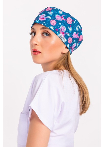 Unisex Uzaylı Kedi Desenli Cerrahi Bone Hemşire Doktor Saç Bonesi