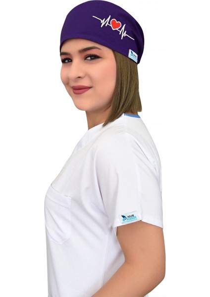 Unisex Mor Kalp Ritim Nakışlı Cerrahi Bone Hemşire Doktor Saç Bone