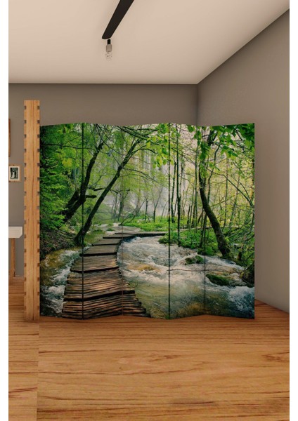 Doğal Ahşap Yeşil Nehir Orman Manzara Tek Taraf Baskılı 5 Kanat Paravan Seperatör Oda Bölme