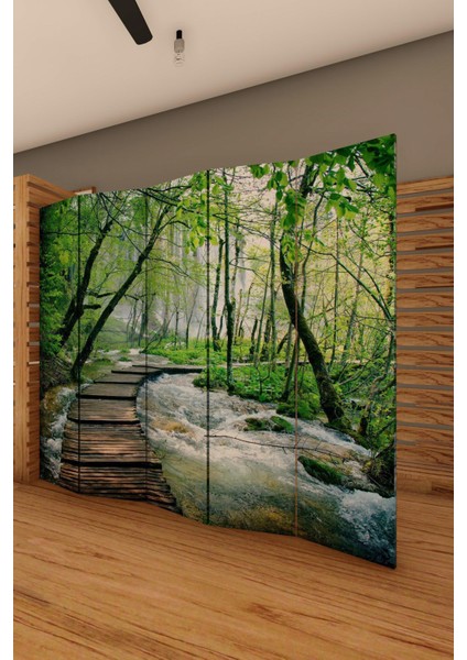 Doğal Ahşap Yeşil Nehir Orman Manzara Tek Taraf Baskılı 5 Kanat Paravan Seperatör Oda Bölme fiyatları