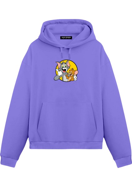 Tom ve Jerry Baskılı Mor Unisex Oversize Fit Pamuklu Kapüşonlu Sweatshirt