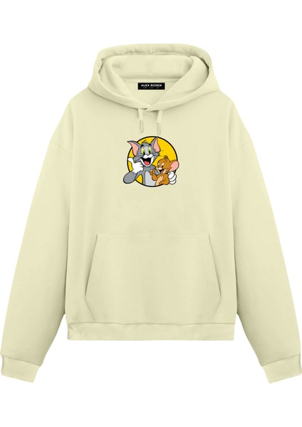 Tom ve Jerry Baskılı Krem Unisex Oversize Fit Pamuklu Kapüşonlu Sweatshirt
