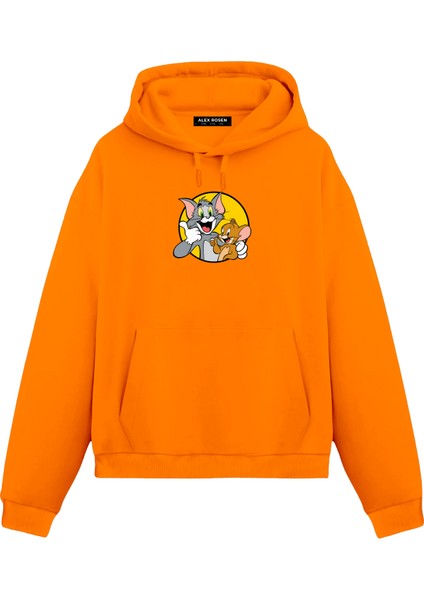 Tom ve Jerry Baskılı Turuncu Unisex Oversize Fit Pamuklu Kapüşonlu Sweatshirt