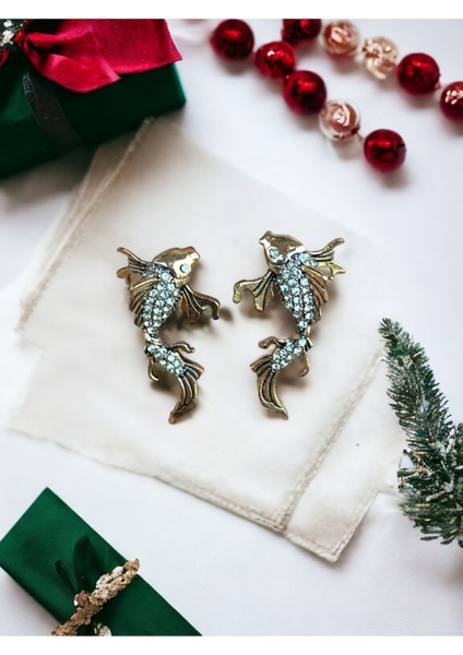 Turkuaz Taşlı Balık Figür Küpe