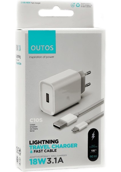 C10S Qc 3.0 18W Şarj Aleti + Lighitning USB Kablo Seti