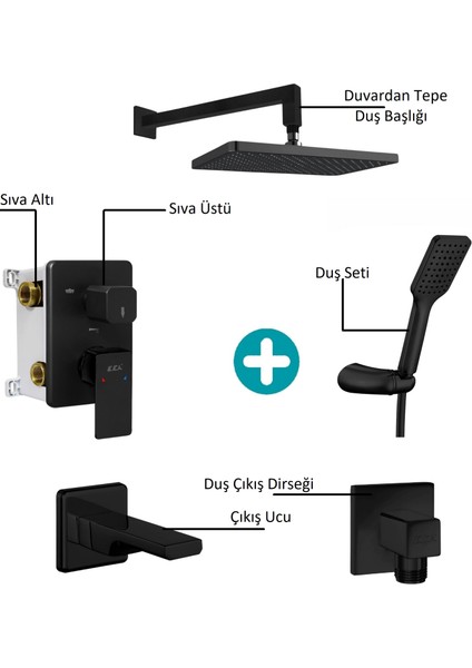 Eca Tiera Plus Ankastre Gömme Banyo Bataryası Mat Siyah Duş Seti Tüm Parçalar Dahil fiyatları
