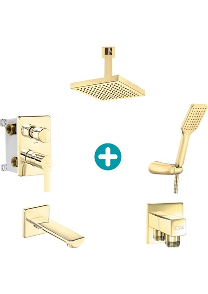 Eca Luna Ankastre Gömme Banyo Bataryası Altın Renkli Duş Seti Tüm Parçalar Dahil Tavandan