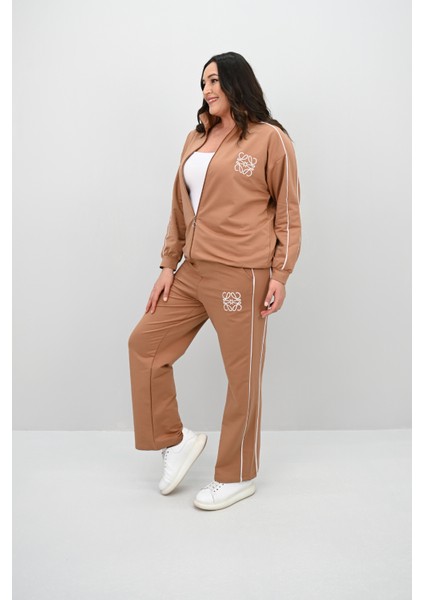 Kadın Büyük Beden Fermuarlı İki İplik İşleme Detaylı Eşofman Takımı 8152-25-1