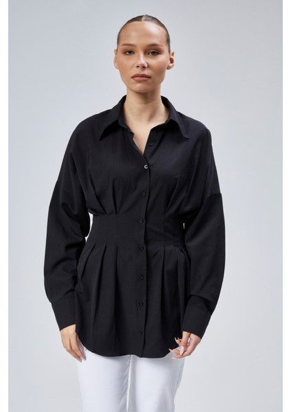 Kadın Belden Oturtmalı Pileli Tunik Siyah Gömlek fırsatları