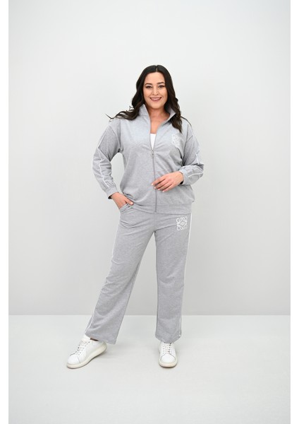 Kadın Büyük Beden Fermuarlı İki İplik İşleme Detaylı Eşofman Takımı 8152-25-1