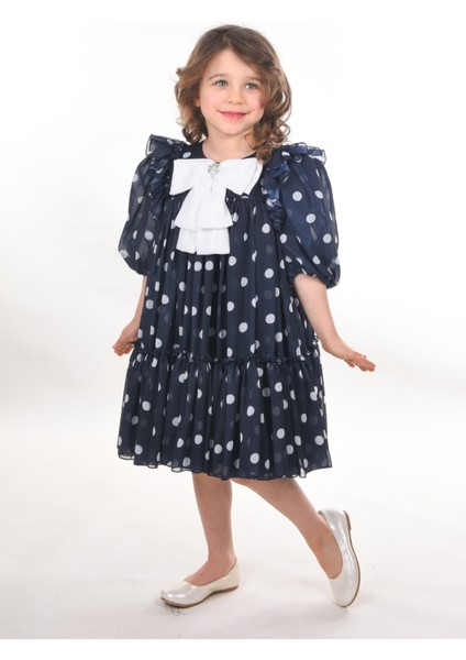 Fiyonklu ve Puantiyeli Kız Çocuk Kabarık Abiye ELBISE_M2438