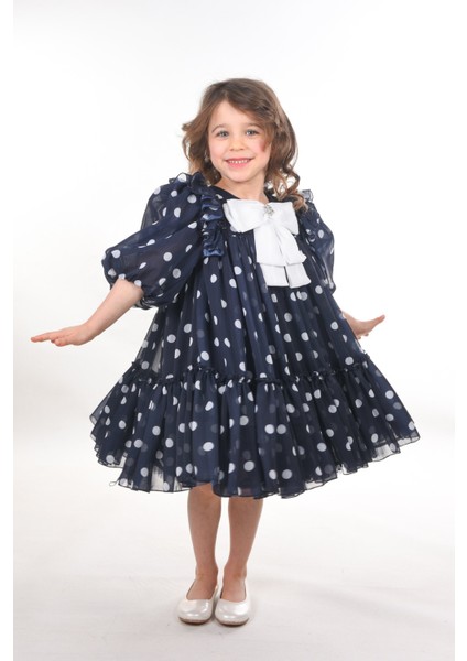 Fiyonklu ve Puantiyeli Kız Çocuk Kabarık Abiye ELBISE_M2438 indirimleri