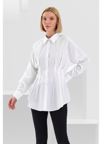 Kadın Belden Oturtmalı Pileli Tunik Beyaz Gömlek