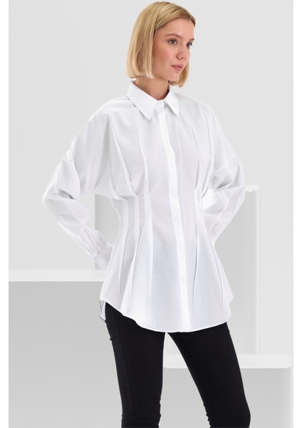 Kadın Belden Oturtmalı Pileli Tunik Beyaz Gömlek fiyatları