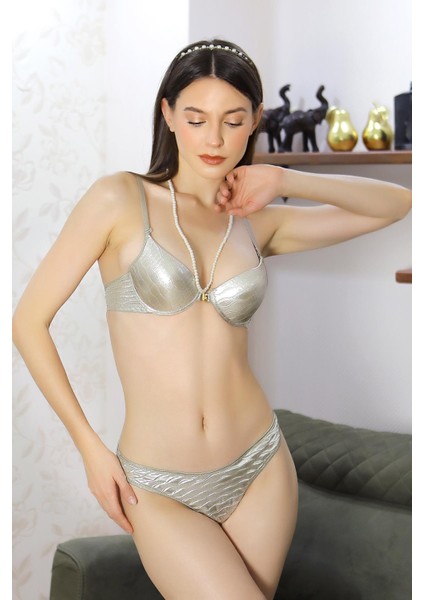 Kadın Destekli Desenli Sütyen Takım Bej 3003 fırsatları