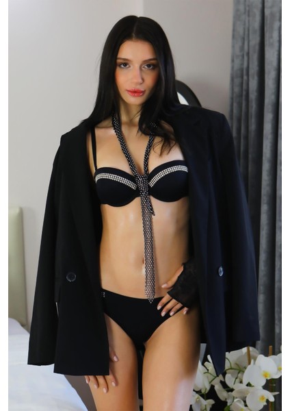 Kadın Taş Detaylı Push Up Straplez Sütyen Takım Siyah 3002