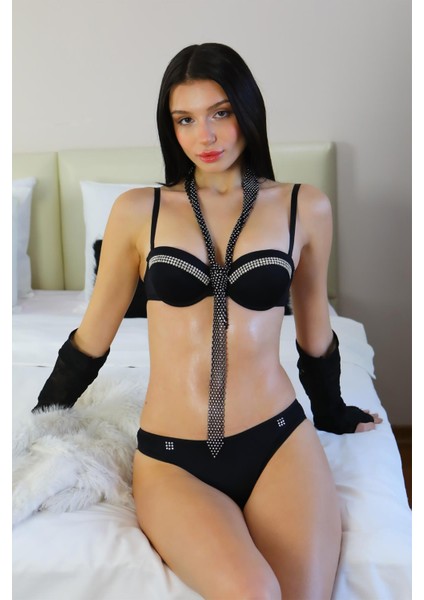 Kadın Taş Detaylı Push Up Straplez Sütyen Takım Siyah 3002