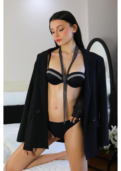 Kadın Taş Detaylı Push Up Straplez Sütyen Takım Siyah 3002
