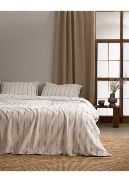 Linda Çizgili King Size %100 Pamuk Yıkamalı Gofre Nevresim Takımı - Beyaz/antrasit