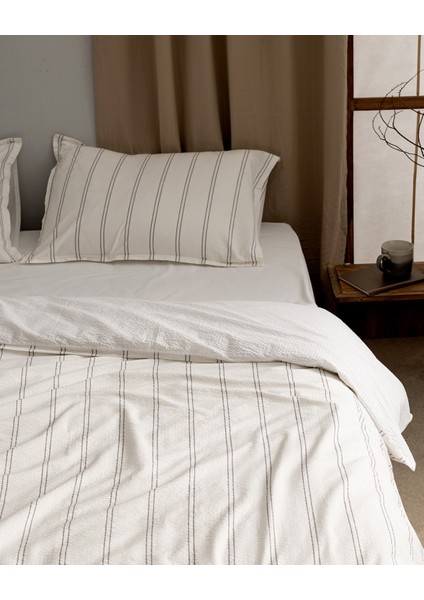 Linda Çizgili King Size %100 Pamuk Yıkamalı Gofre Nevresim Takımı - Beyaz/antrasit modelleri