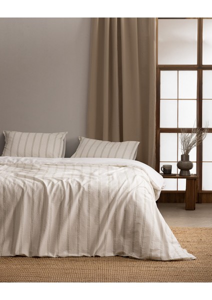 Linda Çizgili King Size %100 Pamuk Yıkamalı Gofre Nevresim Takımı - Beyaz/haki