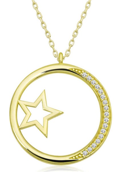 Gümüş Gold Yıldız Detaylı Halka Kadın Kolye CSR2180888