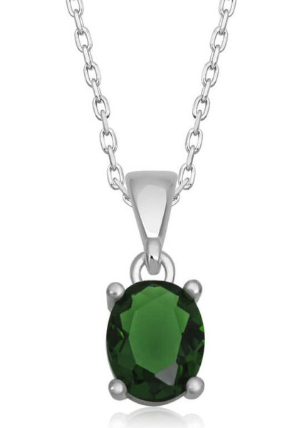 Gümüş Yeşil Zirkon Oval Taşlı Kadın Kolye CSR2181236