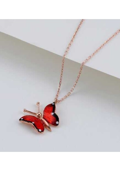 Gümüş Rose Kırmızı Kelebek Kolye CSR2180608 fiyatları