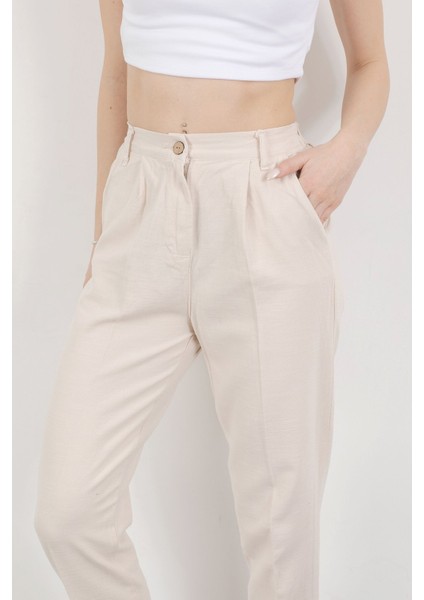 Kadın Beli Lastikli Çift Cepli Dar Paça Pantolon Bej - 5121