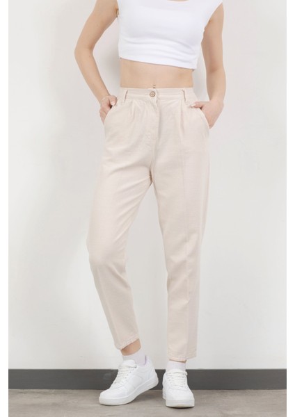 Kadın Beli Lastikli Çift Cepli Dar Paça Pantolon Bej - 5121