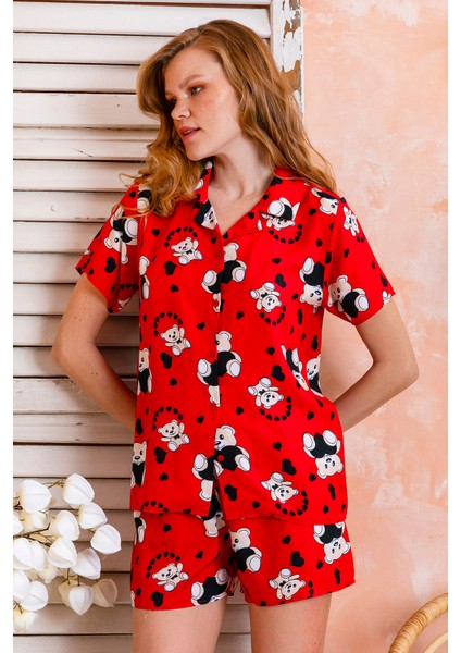 Kadın Gömlek Yaka Şortlu Desenli Pijama Takımı Kırmızı - 925046
