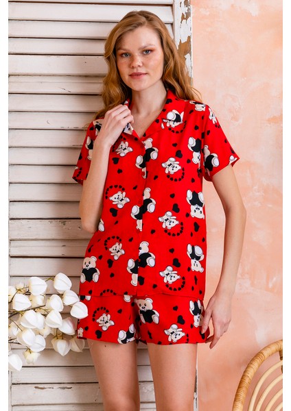 Kadın Gömlek Yaka Şortlu Desenli Pijama Takımı Kırmızı - 925046
