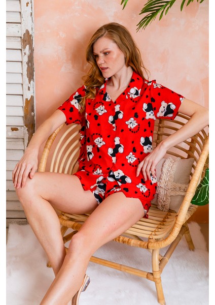 Kadın Gömlek Yaka Şortlu Desenli Pijama Takımı Kırmızı - 925046