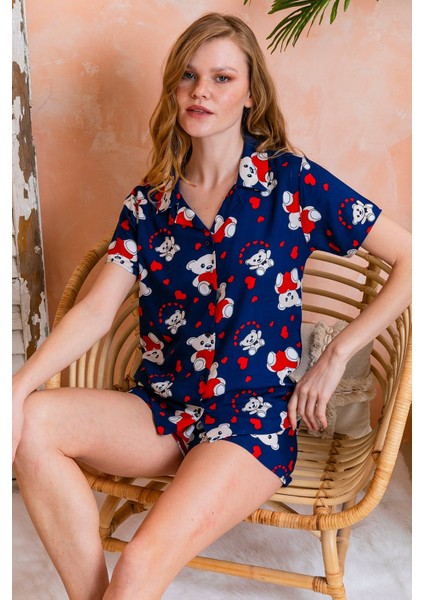 Kadın Gömlek Yaka Şortlu Desenli Pijama Takımı Lacivert - 925046