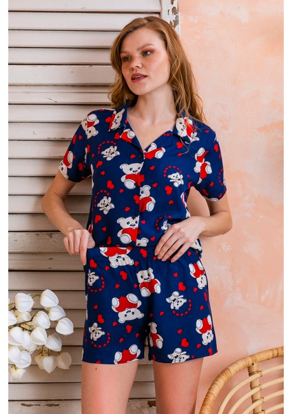 Kadın Gömlek Yaka Şortlu Desenli Pijama Takımı Lacivert - 925046