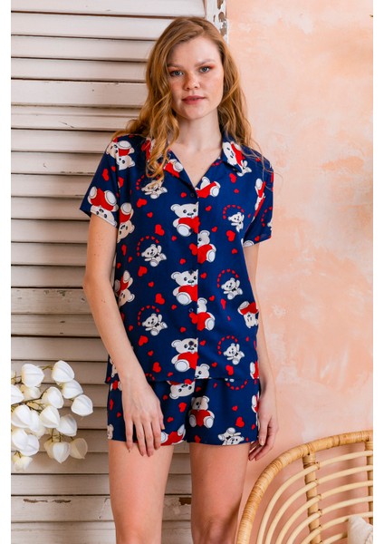 Kadın Gömlek Yaka Şortlu Desenli Pijama Takımı Lacivert - 925046