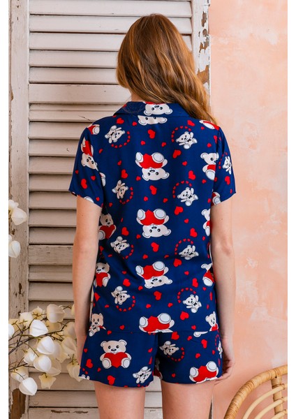 Kadın Gömlek Yaka Şortlu Desenli Pijama Takımı Lacivert - 925046