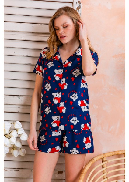 Kadın Gömlek Yaka Şortlu Desenli Pijama Takımı Lacivert - 925046