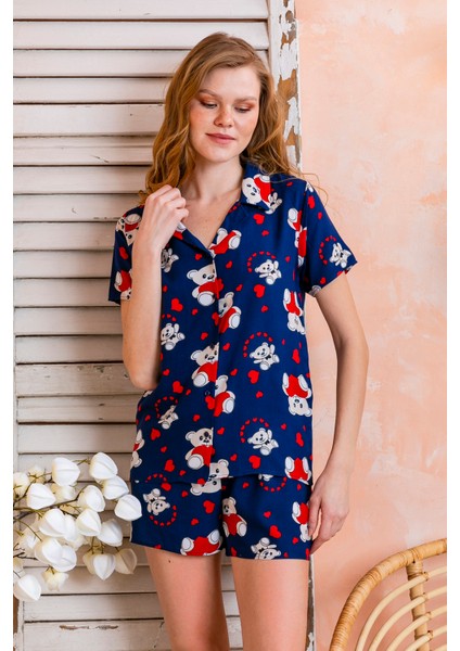 Kadın Gömlek Yaka Şortlu Desenli Pijama Takımı Lacivert - 925046