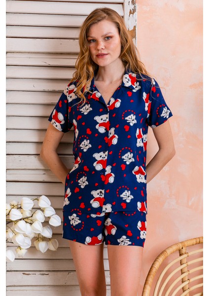 Kadın Gömlek Yaka Şortlu Desenli Pijama Takımı Lacivert - 925046