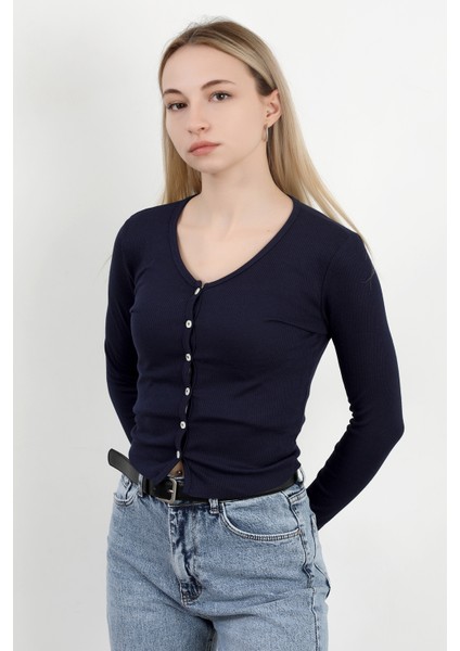 Kadın Düğmeli Uzun Kollu Kaşkorse Body Lacivert - MS0000501