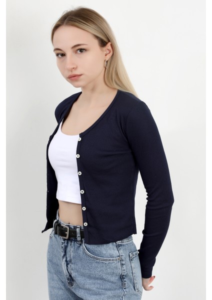 Kadın Düğmeli Uzun Kollu Kaşkorse Body Lacivert - MS0000501