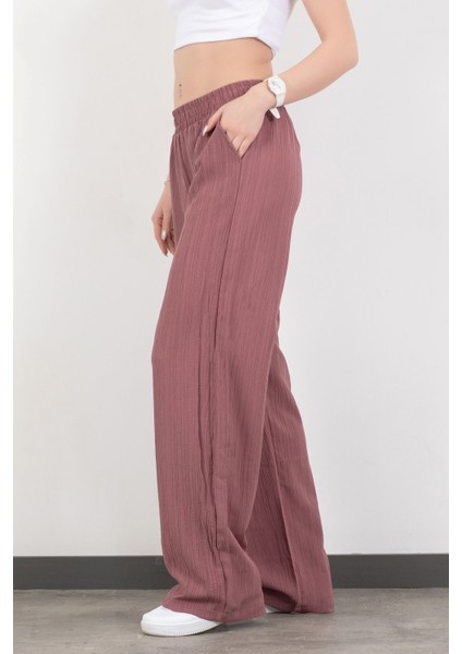 Kadın Beli Lastikli Bol Paça Cep Detaylı Pantolon Lila - 25576