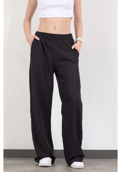Kadın Beli Lastikli Bol Paça Cep Detaylı Pantolon Siyah - 25576