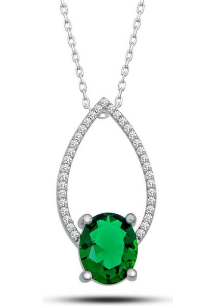 Gümüş Yeşil Oval Taşlı Damla Kadın Kolye CSR2181249